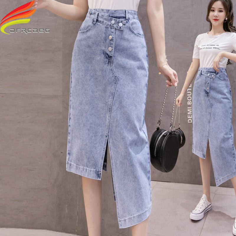 Autumn Irregular Long Denim Skirts Womens Double Split Skirt High Waisted Korean Style Elegant Long Maxi Skirt Jean