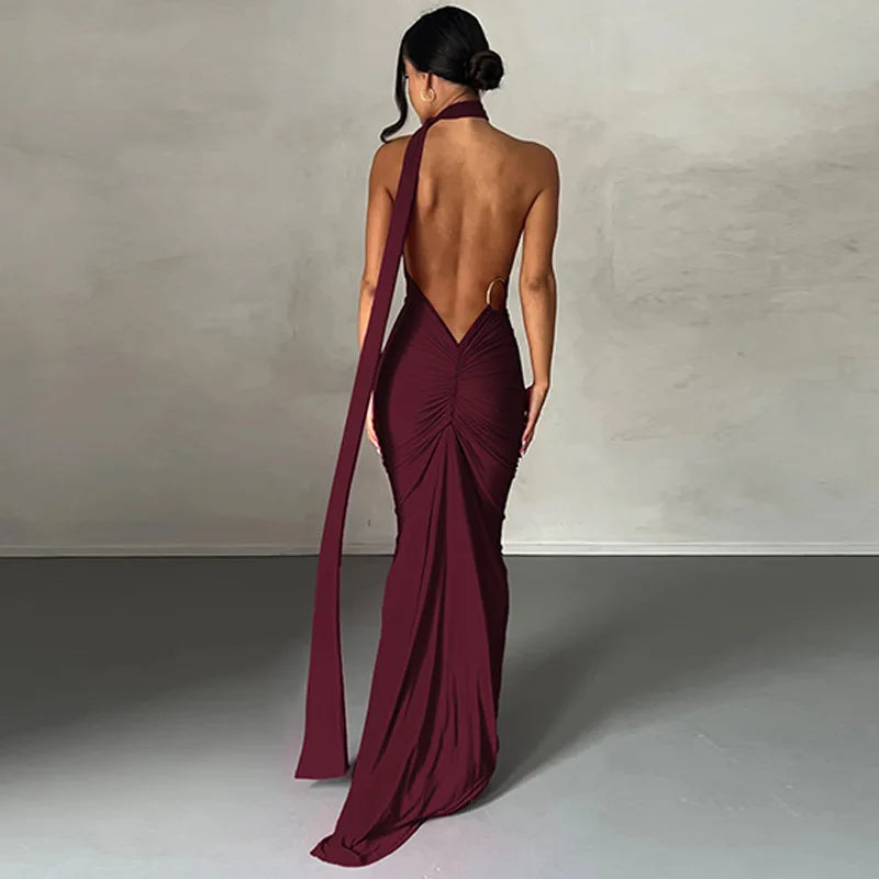 Backless Diagonal Collar Bodycon Dress
