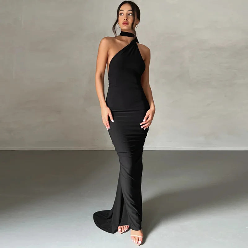 Backless Diagonal Collar Bodycon Dress