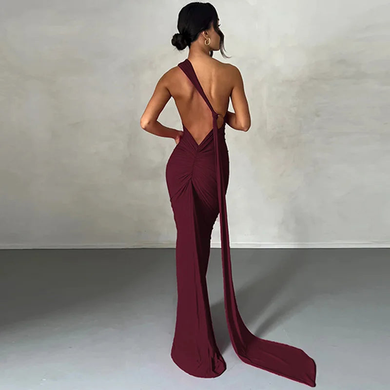 Backless Diagonal Collar Bodycon Dress