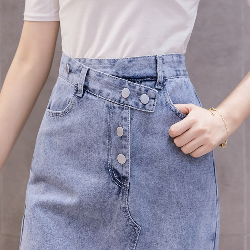 Autumn Irregular Long Denim Skirts Womens Double Split Skirt High Waisted Korean Style Elegant Long Maxi Skirt Jean