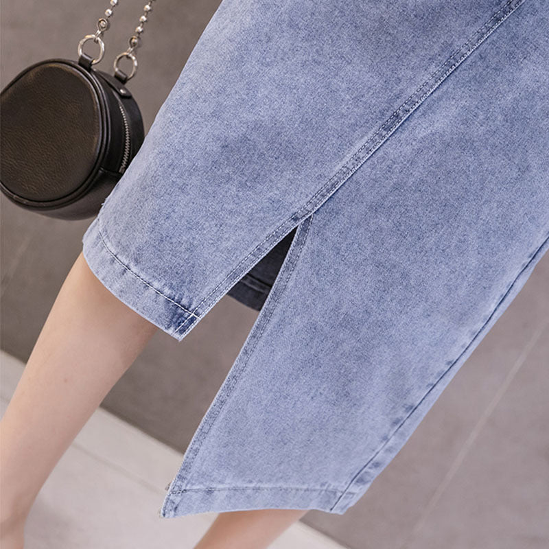Autumn Irregular Long Denim Skirts Womens Double Split Skirt High Waisted Korean Style Elegant Long Maxi Skirt Jean