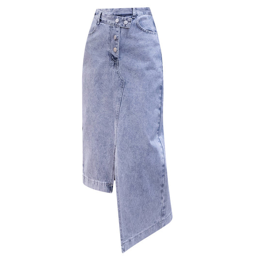 Autumn Irregular Long Denim Skirts Womens Double Split Skirt High Waisted Korean Style Elegant Long Maxi Skirt Jean