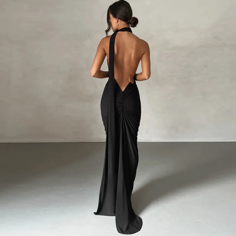 Backless Diagonal Collar Bodycon Dress