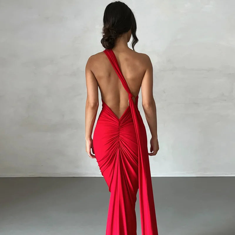 Backless Diagonal Collar Bodycon Dress