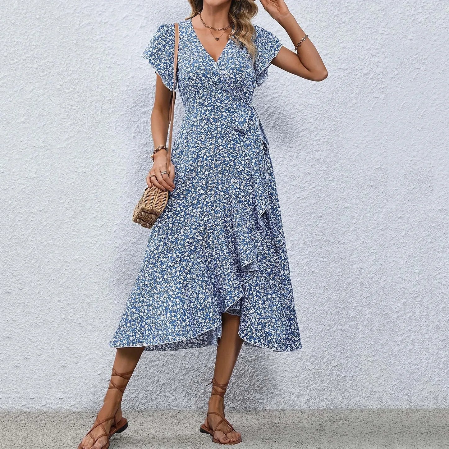 Split Midi Floral Wrap A-Line Dress
