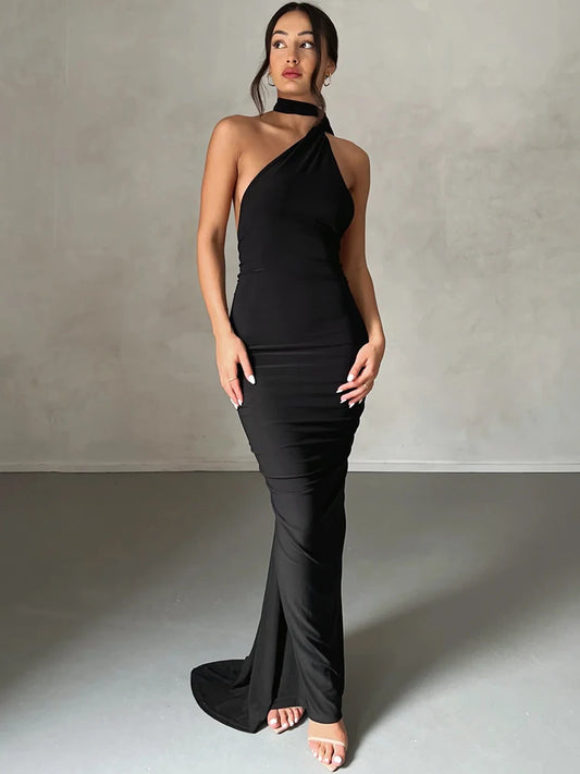 Backless Diagonal Collar Bodycon Dress