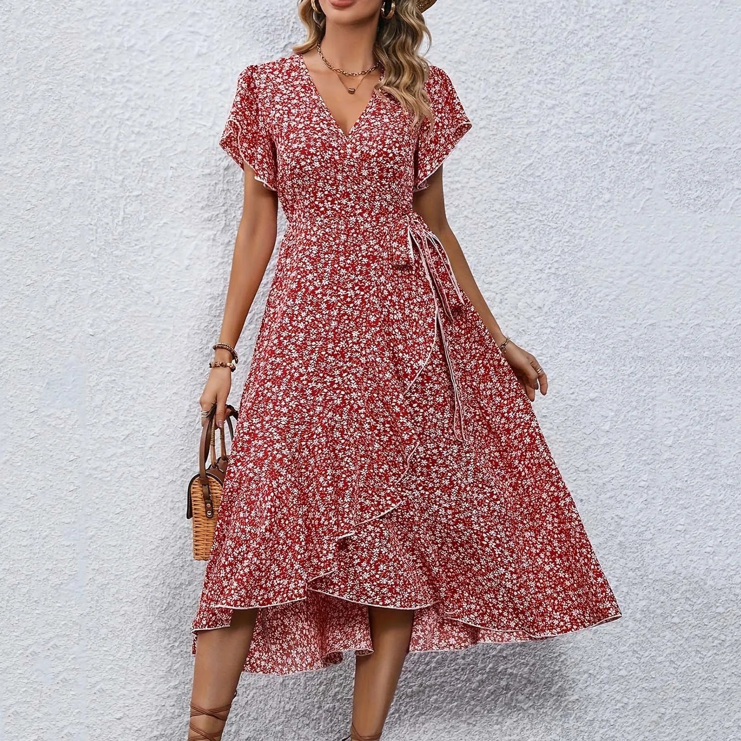 Split Midi Floral Wrap A-Line Dress